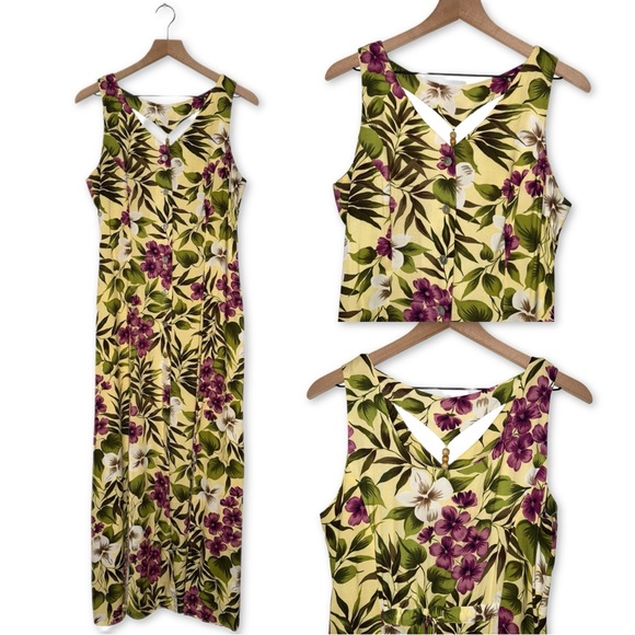 Butter Yellow Floral Button Up Open Back Rayon Dress with Beaded Accents - Picture 1 of 6